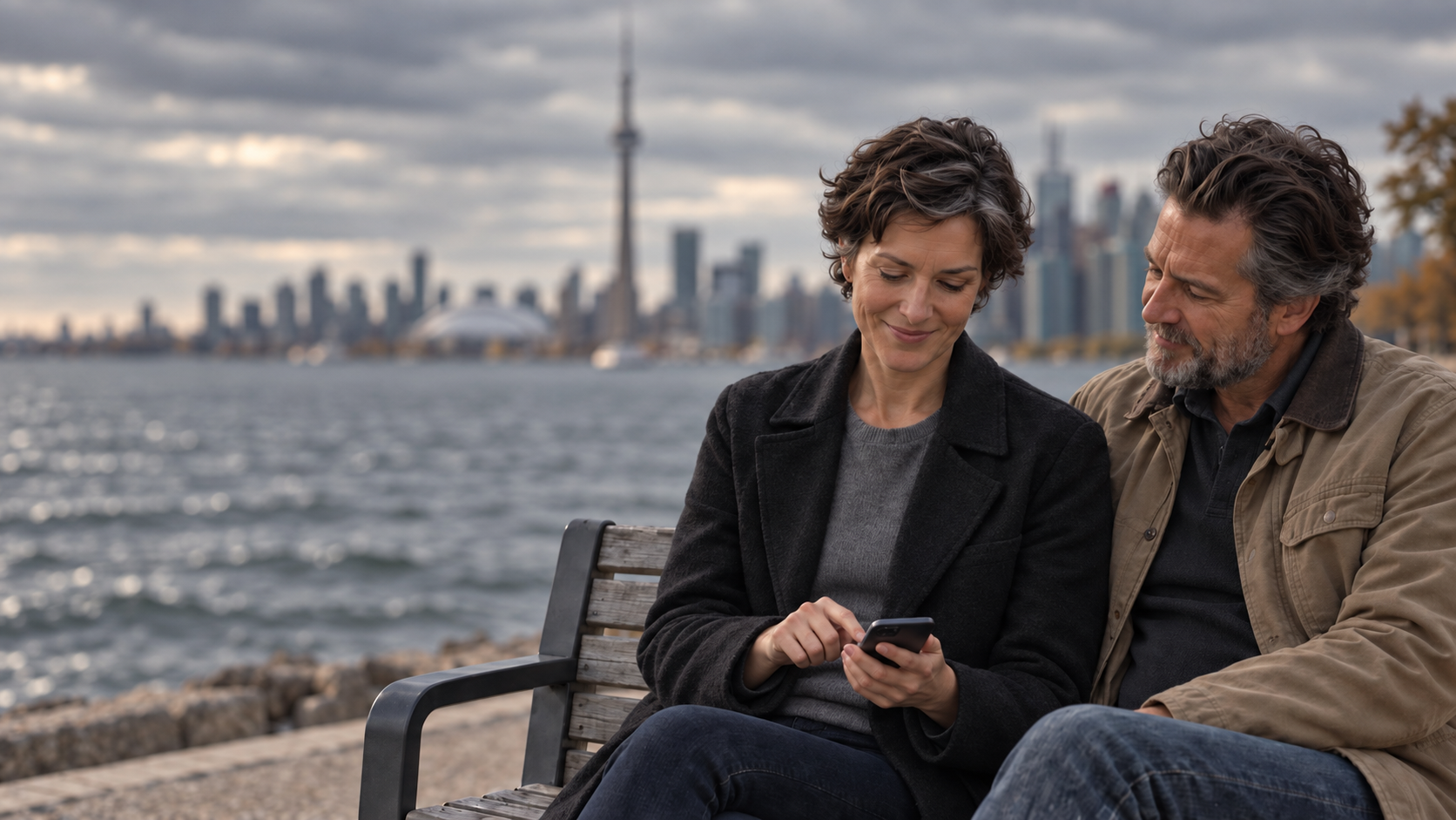 A couple checks a phone together beside Lake Ontario, with the Toronto skyline beyond.